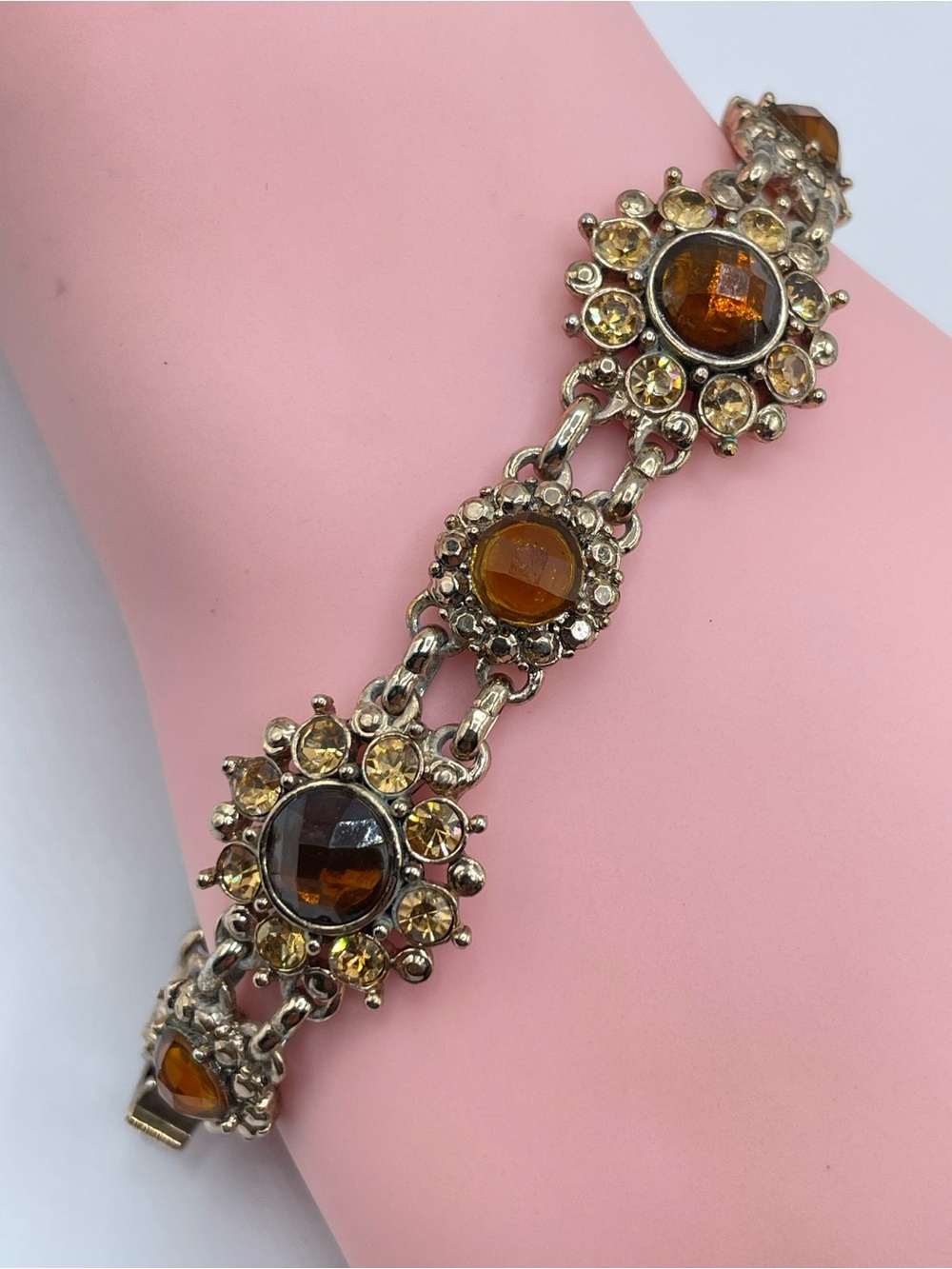 Vintage Liz Claiborne Amber Crystal Statement Bracelet Gold Tone Glam